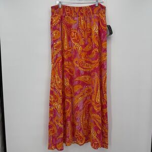 Coco Bianco Orange & Pink Colorful Paisley Smocked Maxi Skirt Coastal Size XL